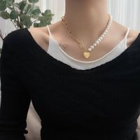 Fashion Cross Heart Shape Titanium Steel Pearl Chain Necklace 1 Piece sku image 7