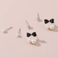 1 Set IG Style Elegant Sweet Heart Shape Flower Bow Knot Inlay Sterling Silver Artificial Pearls Zircon Ear Studs sku image 4