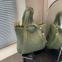 Femmes Moyen Paille Couleur Unie Vacances Plage Tisser Fermeture Éclair Sac D'Épaule main image 4