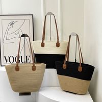 Women's Medium Straw Color Block Solid Color Vacation Beach Weave Open Straw Bag main image video
