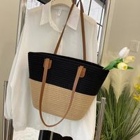 Women's Medium Straw Color Block Solid Color Vacation Beach Weave Open Straw Bag main image 4
