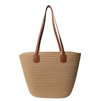 Women's Medium Straw Color Block Solid Color Vacation Beach Weave Open Straw Bag sku image 1