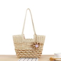 Women's Large Paper String Solid Color Vacation Beach Weave Zipper Straw Bag sku image 1