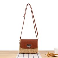 Women's Small Paper String Color Block Vacation Beach Weave Lock Clasp Straw Bag sku image 4