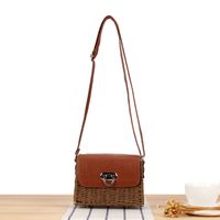 Women's Small Paper String Color Block Vacation Beach Weave Lock Clasp Straw Bag sku image 5
