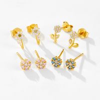 1 Pair IG Style Shiny Flower Plating Inlay Sterling Silver Zircon 18K Gold Plated Ear Studs main image 6