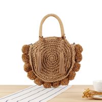 Women's Medium Paper String Solid Color Vacation Beach Weave Round Zipper Straw Bag sku image 2