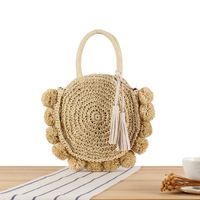 Women's Medium Paper String Solid Color Vacation Beach Weave Round Zipper Straw Bag sku image 1