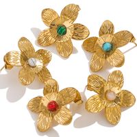 1 Paire Style Vintage Style Simple Fleur Incruster Acier Inoxydable 304 Turquoise Boucles D'Oreilles main image 4