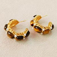 1 Pair Vintage Style Classic Style C Shape Plating Inlay 304 Stainless Steel Artificial Pearls Tiger Eye 18K Gold Plated Earrings main image 5