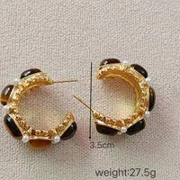 1 Pair Vintage Style Classic Style C Shape Plating Inlay 304 Stainless Steel Artificial Pearls Tiger Eye 18K Gold Plated Earrings main image 2