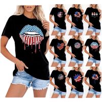 Femmes T-Shirt Manche Courte T-shirts Impression Patchwork Vêtement De Rue Bouche Drapeau Américain main image 1
