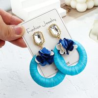 1 Pair Vacation Beach Tropical Round Flower Inlay Alloy Raffia Rhinestones Drop Earrings main image 6