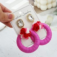 1 Pair Vacation Beach Tropical Round Flower Inlay Alloy Raffia Rhinestones Drop Earrings main image 5