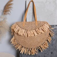Women's Large Straw Solid Color Vacation Beach Weave Semicircle Zipper Straw Bag main image video