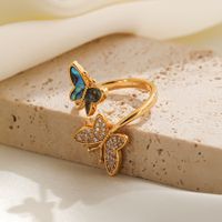 Shell Copper 18K Gold Plated Basic Simple Style Commute Enamel Inlay Butterfly Pearl Shell Zircon Open Rings main image 3