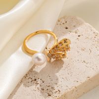 Shell Copper 18K Gold Plated Basic Simple Style Commute Enamel Inlay Butterfly Pearl Shell Zircon Open Rings main image 9