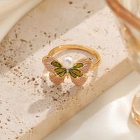 Shell Copper 18K Gold Plated Basic Simple Style Commute Enamel Inlay Butterfly Pearl Shell Zircon Open Rings main image 4