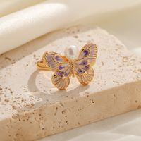 Hülse Kupfer 18 Karat Vergoldet Basic Einfacher Stil Pendeln Emaille Inlay Schmetterling Perle Hülse Zirkon Offener Ring main image 6