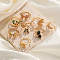 Shell Copper 18K Gold Plated Basic Simple Style Commute Enamel Inlay Butterfly Pearl Shell Zircon Open Rings main image 1