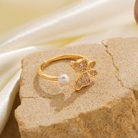 Shell Copper 18K Gold Plated Basic Simple Style Commute Enamel Inlay Butterfly Pearl Shell Zircon Open Rings main image 8