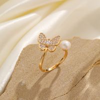 Shell Copper 18K Gold Plated Basic Simple Style Commute Enamel Inlay Butterfly Pearl Shell Zircon Open Rings main image 10