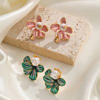 1 Pair Modern Style Classic Style Korean Style Flower Enamel Inlay Copper Pearl Gold Plated Ear Studs main image 3