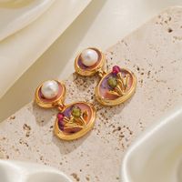 1 Pair Vintage Style Lady Pastoral Flower Enamel Inlay Copper Artificial Crystal Freshwater Pearl Gold Plated Drop Earrings main image 6
