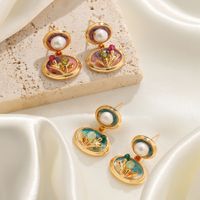 1 Pair Vintage Style Lady Pastoral Flower Enamel Inlay Copper Artificial Crystal Freshwater Pearl Gold Plated Drop Earrings main image 1