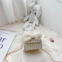 Girl'S Small Cotton And Linen Plaid Bow Knot Elegant Streetwear Beading Square Magnetic Buckle Crossbody Bag sku image 2