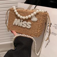 Women's Medium Straw Letter Solid Color Vacation Beach Beading Weave String Straw Bag main image 6