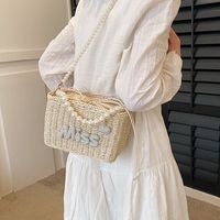 Women's Medium Straw Letter Solid Color Vacation Beach Beading Weave String Straw Bag sku image 1