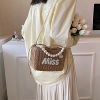 Women's Medium Straw Letter Solid Color Vacation Beach Beading Weave String Straw Bag sku image 2