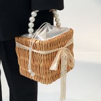 Women's Small Straw Solid Color Vacation Beach Beading Weave String Straw Bag sku image 1