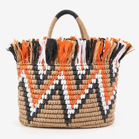 Women's Medium Straw Color Block Vacation Ethnic Style Weave Zipper Straw Bag sku image 2