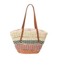 Women's Medium Straw Color Block Vacation Beach Weave Bucket Zipper Straw Bag main image 2