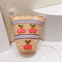 Women's Small Straw Fruit Vacation Beach Weave Bucket Zipper Straw Bag sku image 1