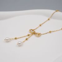 304 Stainless Steel Freshwater Pearl Gold Plated Casual Vintage Style Simple Style Infinity Bow Knot Pendant Necklace main image 5
