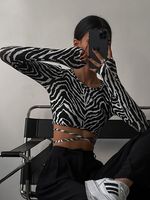 Women's Wrap Crop Top Long Sleeve T-Shirts Patchwork Streetwear Zebra main image 6