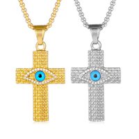 European And American Cross-Border Popular Hip Hop Hiphop Jewelry Titanium Steel Gold-Plated Diamond-Embedded Evil Eye Cross Pendant Necklace main image 6