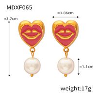 304 Stainless Steel Artificial Pearl 18K Gold Plated Simple Style Artistic Enamel Plating Inlay Lips Round Heart Shape Artificial Pearls Earrings Necklace sku image 8