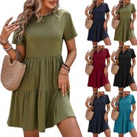 Women's Regular Dress Streetwear Round Neck Pleated Short Sleeve Solid Color Knee-Length Holiday Daily main image 1
