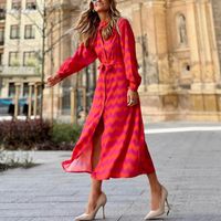 Women's Regular Dress Streetwear Standing Collar Printing Long Sleeve Color Block Midi Dress Holiday Daily main image 4