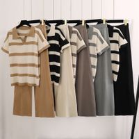 Täglich Frau Vintage-Stil Streifen Polyester Kontrastbindung Hosen-Sets Hosen-Sets main image 1
