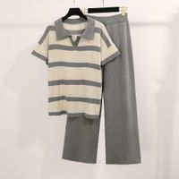 Täglich Frau Vintage-Stil Streifen Polyester Kontrastbindung Hosen-Sets Hosen-Sets main image 4