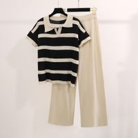 Täglich Frau Vintage-Stil Streifen Polyester Kontrastbindung Hosen-Sets Hosen-Sets main image 5