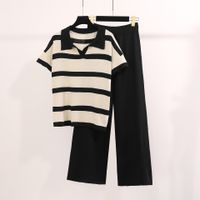 Täglich Frau Vintage-Stil Streifen Polyester Kontrastbindung Hosen-Sets Hosen-Sets main image 2