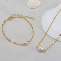 Freshwater Pearl Sterling Silver 14K Gold Plated Elegant Simple Style Geometric Bracelets main image 3