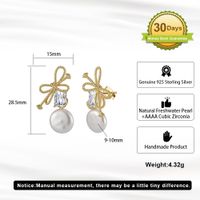 1 Pair Baroque Style Sweet Simple Style Bow Knot Plating Inlay Freshwater Pearl Sterling Silver Freshwater Pearl Zircon Drop Earrings main image 2