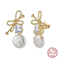 1 Pair Baroque Style Sweet Simple Style Bow Knot Plating Inlay Freshwater Pearl Sterling Silver Freshwater Pearl Zircon Drop Earrings main image 3